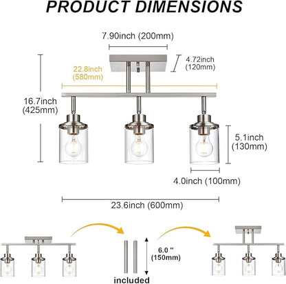 Yaohong 3-Light Track Lighting Kit Brushed Nickel Track Lighting Fixtures, Bathroom Wall Light Ceiling Mount Rotatable Spotlights, Kitchen Ceiling Light Fixtures with Glass Shade for Bathroom Hallway