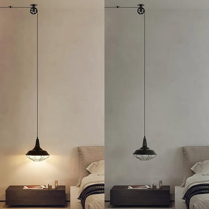 Farmhouse Black Metal Wire Cage Plug in Pulley Pendant Lights with 19.4ft Adjustable Cord On/Off Switch, Industrial Vintage Barn Hanging Ceiling Light for Kitchen Island Hallway Foyer (2 Pack)