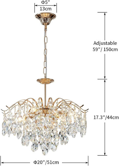 Saint Mossi 6-Light Gold Crystal Chandeliers, Middle Century Dining Room Light Fixture, Modern Pendant Light for Living Room, D20 x H17, Adjustable Chains 59", Chopper Finish Metal Frame
