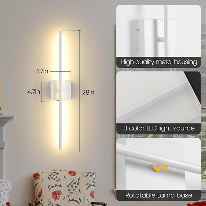 Rechargeable Battery Operated Wall Sconces, 11000mAh Wireless White Wall Lights with Remote Control, 350°Rotate Dimmable Wall Lamp, 3 Color Temperatures, for Bedroom Living Room Hallway, 1 PCS