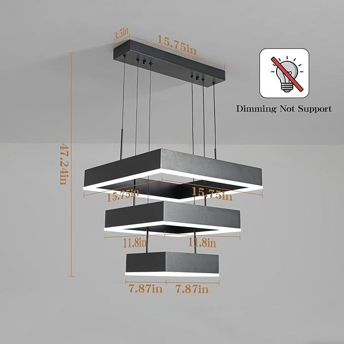 O'NEELDY Modern Chandelier 58W LED Black Pendant Light Embedded Mount Square Rings LED Chandeliers Dining Room Light Fixtures for Kitchen Bedroom, 6000K