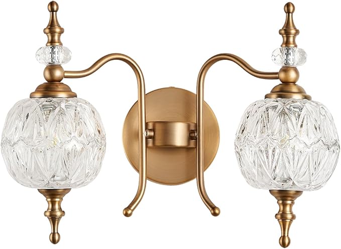 2-Light Vintage Crystal Bathroom Wall Sconces, Matte Brushed Antique Brass Finish Retro Wall Sconce Light with Crystal Glass Shade for Bathroom