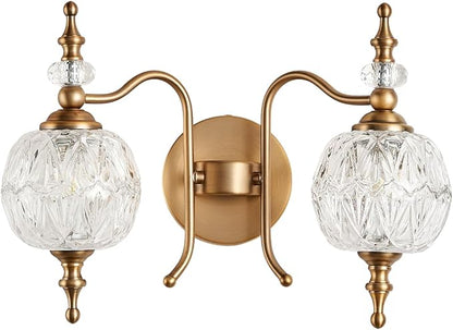 2-Light Vintage Crystal Bathroom Wall Sconces, Matte Brushed Antique Brass Finish Retro Wall Sconce Light with Crystal Glass Shade for Bathroom