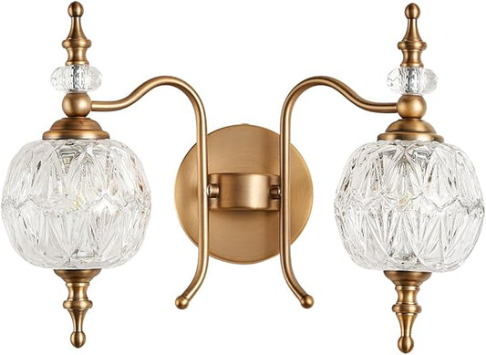 2-Light Vintage Crystal Bathroom Wall Sconces, Matte Brushed Antique Brass Finish Retro Wall Sconce Light with Crystal Glass Shade for Bathroom