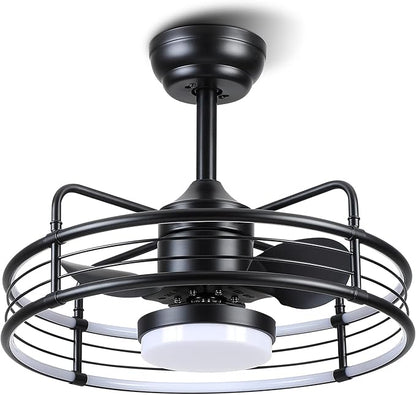 SHIHOT 20" Caged Ceiling Fans with Lights - Bladeless Black Ceiling Fans with Remote, Reversible and Dimmable,Industrial Ceiling Fans with 6-Speed for Bedroom Kitchen