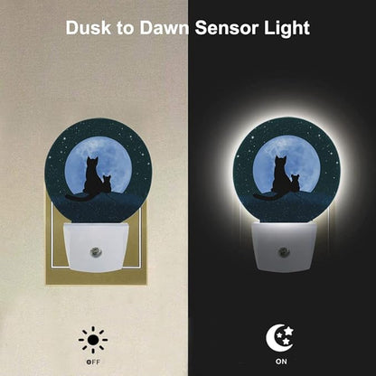 EKOBLA Black Cat Plug-in Night Light, Cat & Mouse on Moon Galaxy LED Nightlight with Dusk to Dawn Sensor for Kids Bedroom & Bathroom