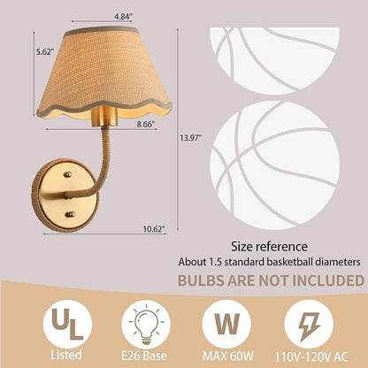 Boho Hand Woven Rattan Wall Sconces Set of Two Gold Rustic Wall Lamp with Grass-Woven Lampshade Hardwire Brass Farmhouse Wall Lights for Bedroom Living Room Hallway Vanity