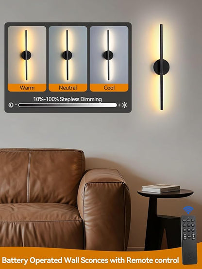 Battery Operated Wall Sconces Set of 2, Modern Wireless Wall Lights with Remote & Touch Control, 24 Inch Black Dimmable Rechargeable LED Sconce with 3 Colors & Timer for Bedroom, Living Room, Hallway