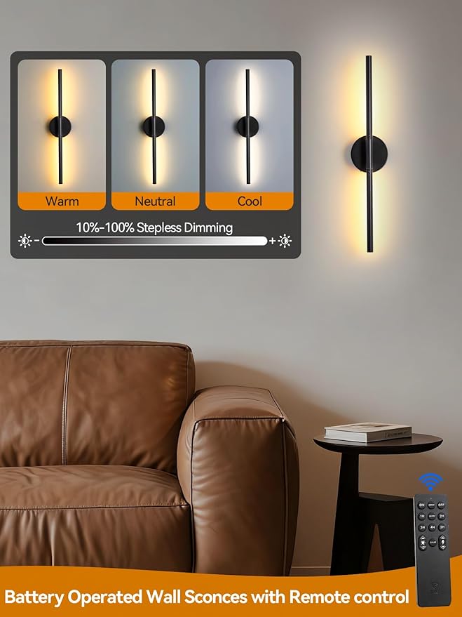 Battery Operated Wall Sconce, Rechargeable Wireless Wall Sconces with Remote, 30 Inch Modern Dimmable Sconce Wall Light, 350° Rotate Wall Lamp for Hallway, Background Wall, Bedroom, Living Room
