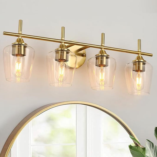 Bathroom Light Fixtures 4-Light Gold Bathroom Vanity Light with Clear Glass Shade, Modern Wall Lights for Bedroom Hallway Living Room (Gold, 4-Light)