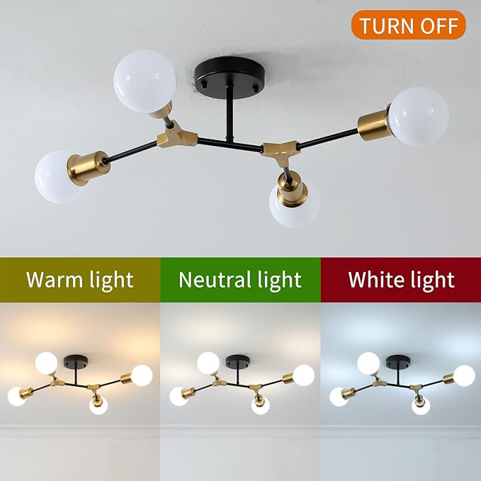 Modern Semi Flush Mount Ceiling Light,Mid Century 4 Light Lighting Fixture for Dining Room Bedroom Kitchen Foyer Entryway Hallway Laundry,Metal Gold and Black Sputnik Chandelier