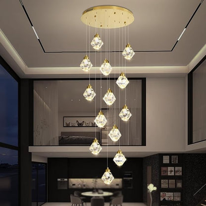 H138in Foyer Chandelier Staircase Chandeliers for High Ceiling Gold Pendant Light Fixture 14-Lights Crystal Chandelier Lighting Fixture for Living Room Staircase Villa
