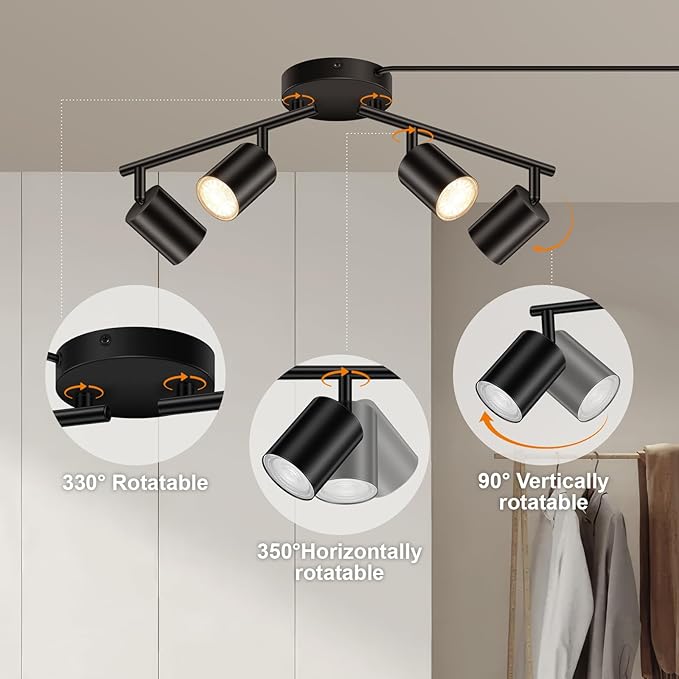 Plug in Track Lighting, LED Track Lighting Fixtures Ceiling, Black 4-Light Kitchen Light Kit, Plug in Wall Light with 14.8ft Power Cord, Rotatable Ceiling Spotlight for Bedroom(GU10 Socket, NO Bulb)