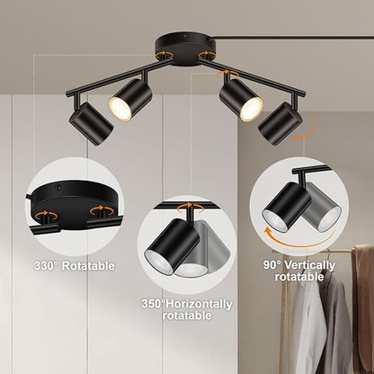 Plug in Track Lighting, LED Track Lighting Fixtures Ceiling, Black 4-Light Kitchen Light Kit, Plug in Wall Light with 14.8ft Power Cord, Rotatable Ceiling Spotlight for Bedroom(GU10 Socket, NO Bulb)