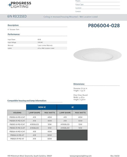 Progress Lighting P806004-028 6" Recessed Lensed Shower Trim with Glass Diffuser for 6 in. Housing Satin White (P806N Series)