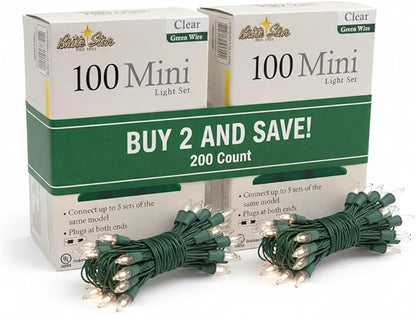 Brite Star 100 Count Mini String Christmas Lights, Clear - 22 feet Indoor/Outdoor Christmas Tree Lights with Green Wire (Set of 2)