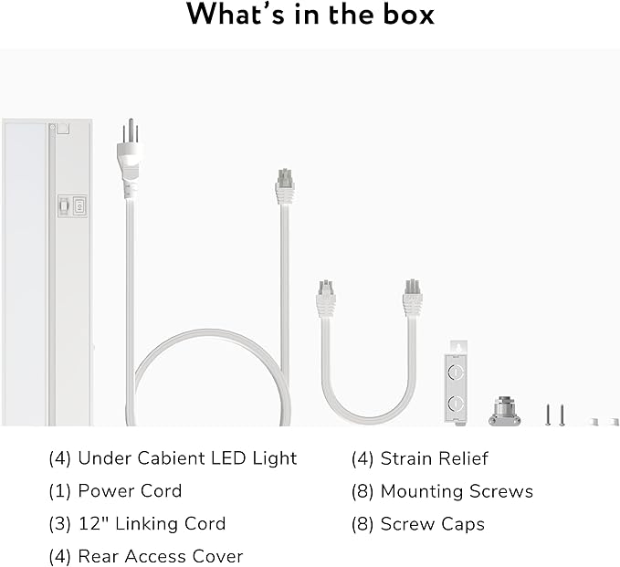 LAGOM Halo 12-Inch Under Cabinet Lighting for Kitchen, Hardwired and Plug-in, 4-Pack, Dimmable LED, 2700K/4000K/5000K, White, UC0112WH274L