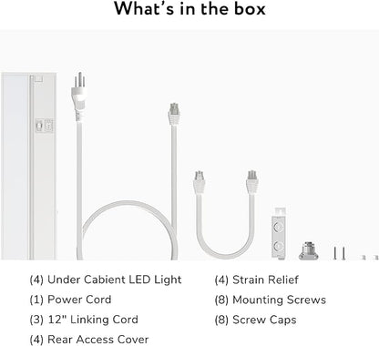 LAGOM Halo 12-Inch Under Cabinet Lighting for Kitchen, Hardwired and Plug-in, 4-Pack, Dimmable LED, 2700K/4000K/5000K, White, UC0112WH274L