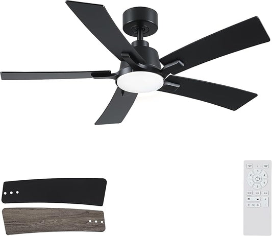 46 Inch Ceiling Fans with Lights and Remote, Black Ceiling Fan, Downrod Style with 5 Blades, Modern Design For Indoor Bedroom Living Room/Outdoor, 6 Speed Reversible DC Motor, 3CCT Dimmable LED