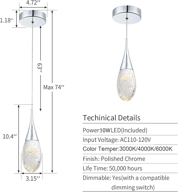 JoollySun Mini Crystal Pendant Light: Modern Dimmable 3-Color(3000k-6000k) LED Pendant for Kitchen Island Bathroom - Polished Chrome