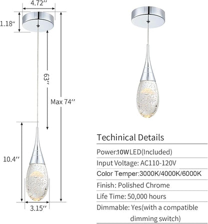 JoollySun Mini Crystal Pendant Light: Modern Dimmable 3-Color(3000k-6000k) LED Pendant for Kitchen Island Bathroom - Polished Chrome