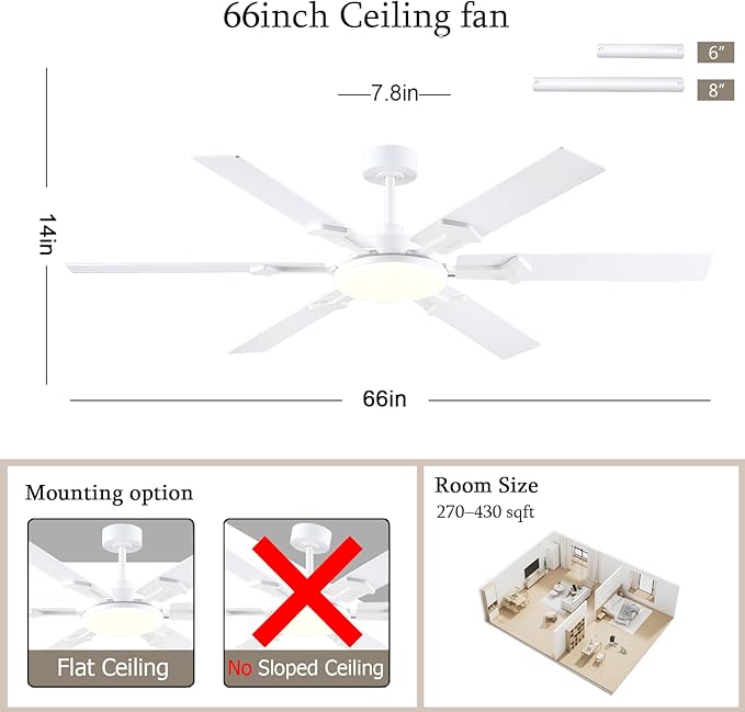 NKPU 66 Inch White Ceiling Fans with Lights, Modern Large Ceiling Fan with Remote & APP Control, Reversible DC Motor, 6 Double-Sided Blades, 6 Speeds, Silent, Timer, for Living Room Indoor Outdoor