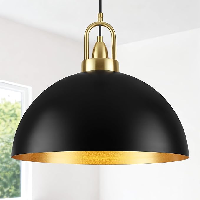 16'' Black Dome Pendant Light, Modern Farmhouse Black Pendant Light Fixture, Large Hanging Ceiling Pendant Lighting for Kitchen Island Dining Room Foyer Hallway Bar Cafe