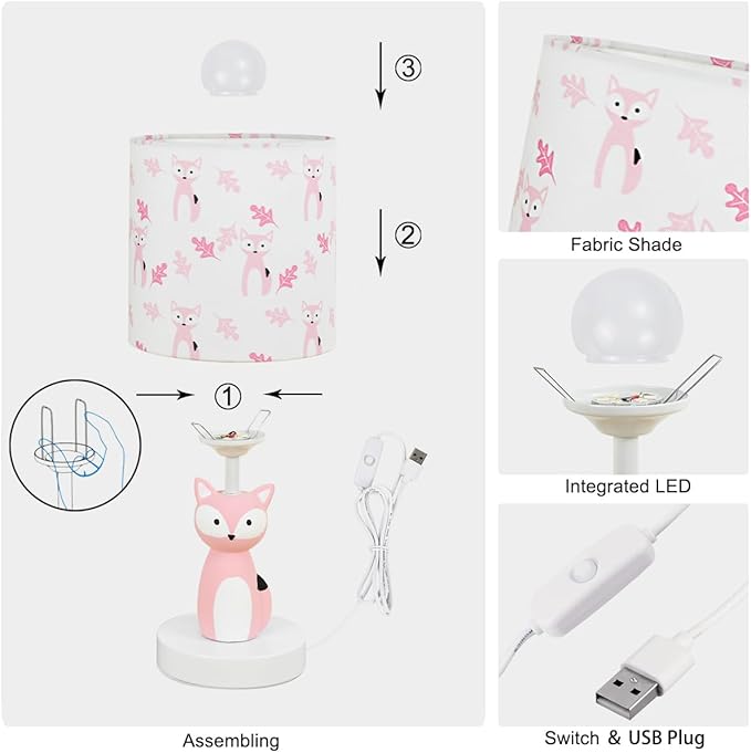 Fox LED Table Lamps with USB Port DC5V,Set of 2,Pink Kids Table Lamp,Night Light for Kids Room,Nursery,Bedroom,Kitchen Counter,Gameroom,Φ5.91×H12.88IN,Hand-Made