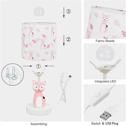 Fox LED Table Lamps with USB Port DC5V,Set of 2,Pink Kids Table Lamp,Night Light for Kids Room,Nursery,Bedroom,Kitchen Counter,Gameroom,Φ5.91×H12.88IN,Hand-Made