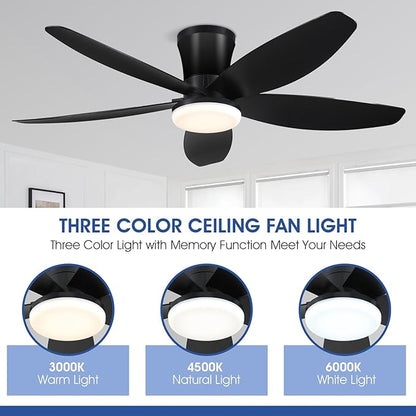 Surtime 42" Ceiling Fans with Lights-Low Profile Ceiling Fan with Light and Remote Control,Flush Mount,DC Reversible,LED Dimmable Blakc Ceiling Fans for Bedroom,Indoor/Outdoor Patio Use