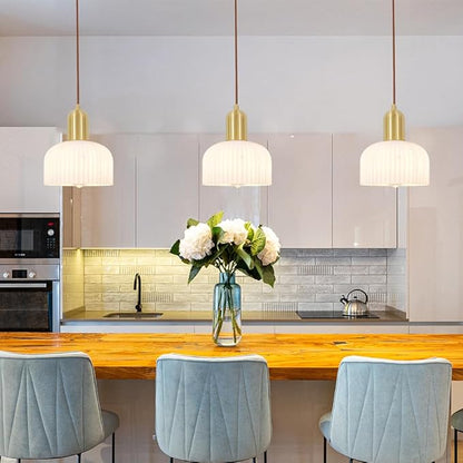 Vintage Pendant Light, Kitchen Island Lighting with Milky White Glass, Farmhouse Ribbed Glass Pendant Light Fixture, Minimalist Ceiling Lamp, Adjustable Hanging Light for Bedroom Dining Room Hallway