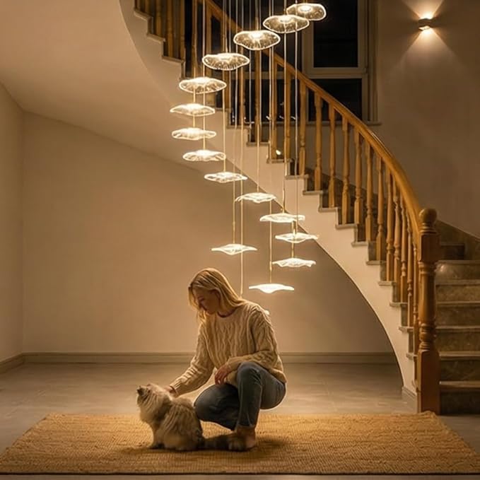 ziidoo High Ceiling Chandelier - 12-Light Dimmable Modern Gold Long Spiral Luxury Linear Lotus Leaf Led Lamp Hanging Pendant Lights for Foyer Enterway Staircase Villas