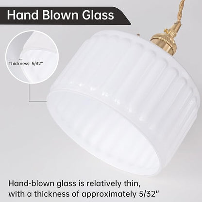 Shenmoyl Plug in Pendant Light Hanging Light Fixtures with Plugin Cord On/Off Switch,White Striped Glass Lampshade Brass Pendant Light