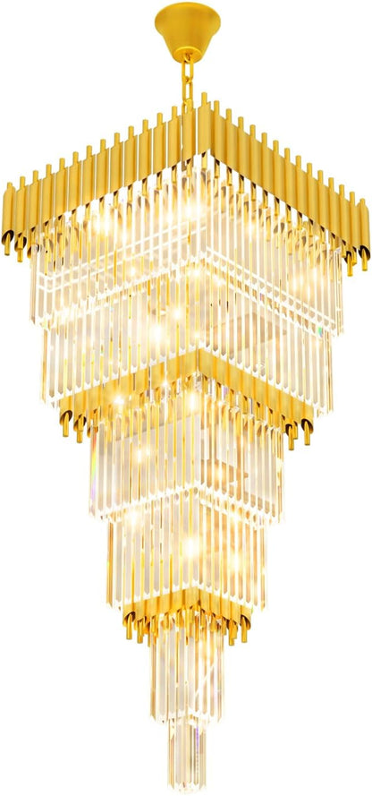 W24 x H80 Large Gold Chandeliers for High Ceiling, 15-Light Square Tiered K9 Crystal Raindrop Chandelier, Adjustable Height Luxury Pendant Light for Staircase, Villa Foyer, Entryway