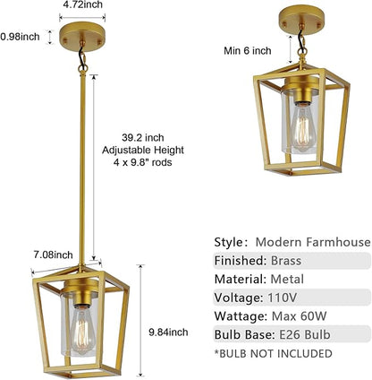 SGLfarmty Single Brass Pendant Light, 7 Inch Adjustable Lantern Hanging Lighting with Clear Glass Shade, Modern Flat & Sloped Ceiling Light Fixture for Kitchen Island Dining Room Foyer Entryway