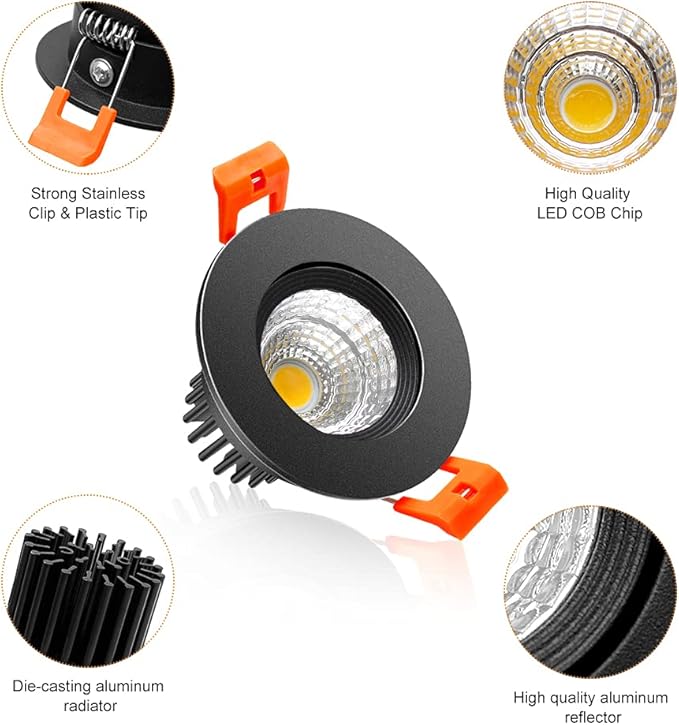 2Inch LED Recessed Ceiling Light, 3W Dimmable LED Downlight, Warm White 3000K, 60 Beam Angle Directional COB Recessed Lights with Driver, 25W Halogen Bulbs Equivalent for Ceiling Lighting, 6Pack