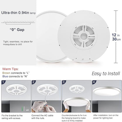 LightingWill 12 Inch LED Flush Mount Ceiling Light Fixture, 6000K Cool White, 3200LM, 24W, Flat Modern Round Lighting Fixture, 240W Equivalent White Ceiling Lamp for Kitchens, Bedrooms.etc.