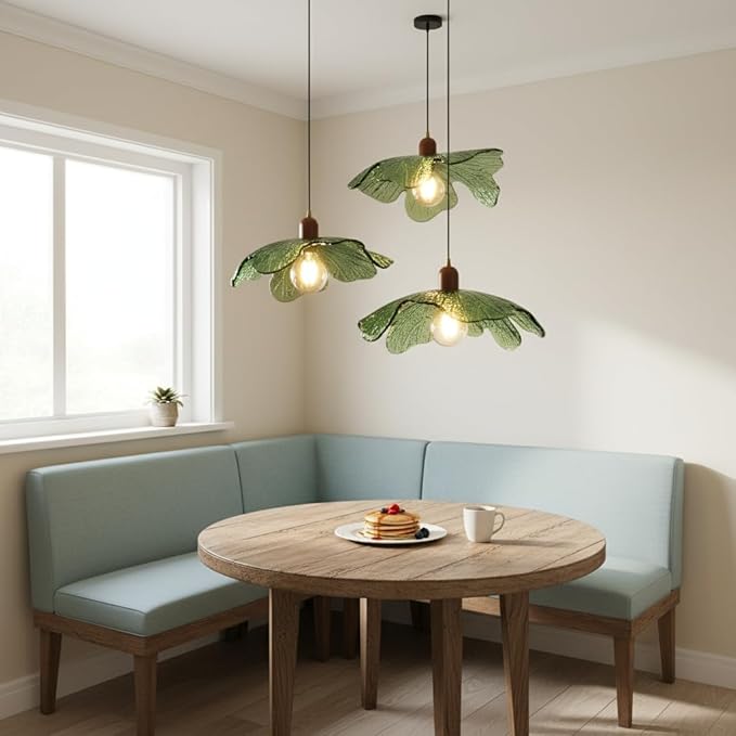 Green Glass Pendant Light Fixtures, 15.75" Hanging Ceiling Light Adjustable Vintage Floral Glass Chandelier for Bedroom Nursery Vanity Kitchen Island