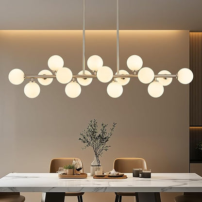 55" Long Chandeliers for Dining Room Kitchen Island, Large Globe Sputnik Linear Chandelier, 16 Lights Mid Century Modern Light Fixture Over Table,Nickel and Milk White Bubble, GC-08