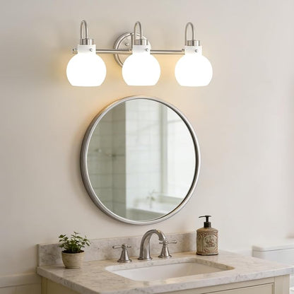Bathroom Light Fixtures Brushed Nickel 3 Light Vanity Light Wall Sconces with Milk Globe Glass Shades Bath Wall Lamp over Mirror Farmhouse Wall Mount Lights for Kitchen Living Room Bedroom Hallway