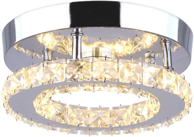Modern Mini Led Chandelier Semi Flush Mount Crystal Lighting Ceiling Crystal Lamp for Bedrooms Dinning Rooms Hallway(Round Warm White)