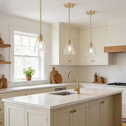 Dijiahua Gold Pendant Lights Kitchen Island 3 Pack, Modern Hanging Island Pendant Lights Over Sink with Clear Glass Shade,Small Chandeliers Adjustable Metal Tube Hanging Lighting for Table Bedroom