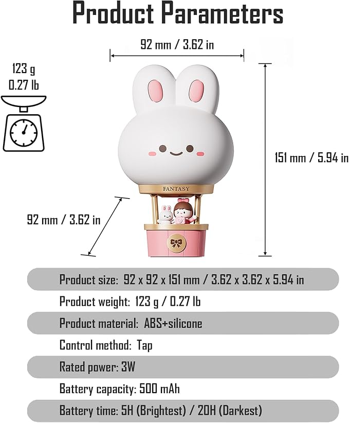 Hot Air Balloon Rechargeable Night Light, Safe Soft Silicone Material, 3 Brightness Levels, Tap Control, Warm Light, Toddler Sleeping Lamp, Bedroom Night Lamp, Gift for Baby and Kid (Bunny)