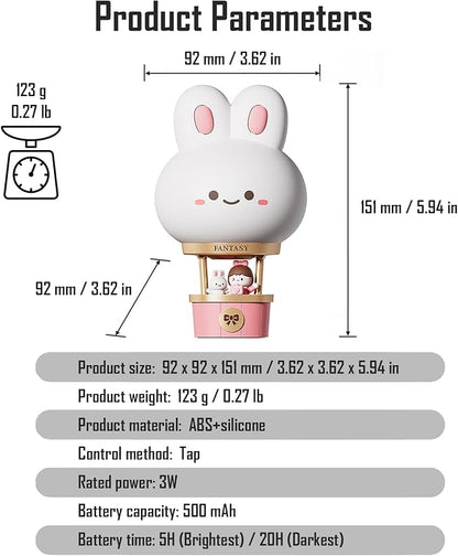 Hot Air Balloon Rechargeable Night Light, Safe Soft Silicone Material, 3 Brightness Levels, Tap Control, Warm Light, Toddler Sleeping Lamp, Bedroom Night Lamp, Gift for Baby and Kid (Bunny)