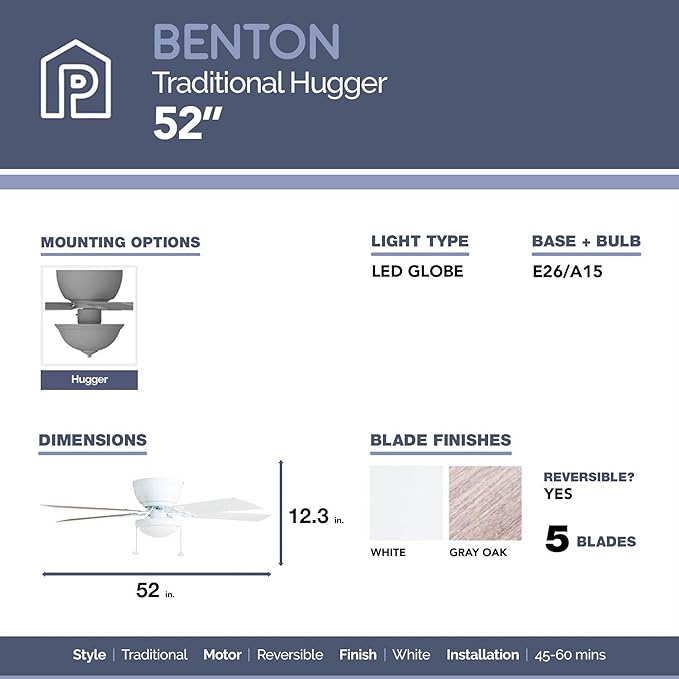 Prominence Home Benton Traditional 52 Inch Ceiling Fan with Light, LED Flush Mount Ceiling Fan, Indoor Fan with 5 Blades, White and Gray Oak Blade Finish Options, White (50852-01)