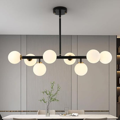 Sputnik Black and Gold Chandelier Pendant Linear Light Modern Mid Century Light Fixture White Globe Shade for Dining Living Room Kitchen Island 8-Light