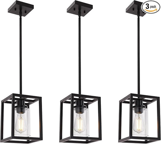 MELUCEE 3-Light Hanging Kitchen Lights Over Island with Clear Glass Shade, 3 Pack Black Small Chandelier Farmhouse Pendant Light for Kitchen Island Dining Room Hallway