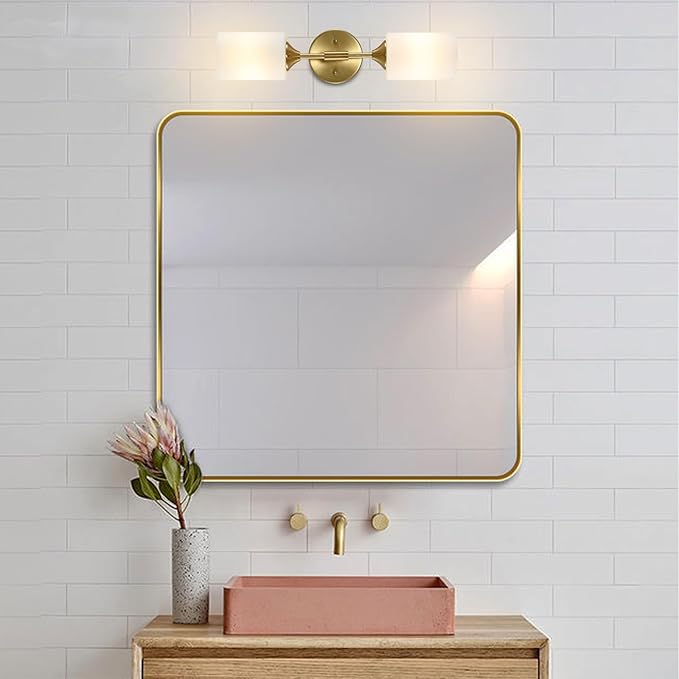 BYOLIIMA 2-Lights Gold Wall Sconce with White Cylinder Glass Shades Modern Mid Century Bathroom Vanity Wall Light Fixtures Industrial Brushed Brass Wall Lamp for Bedroom Mirror Living Room Restaurant