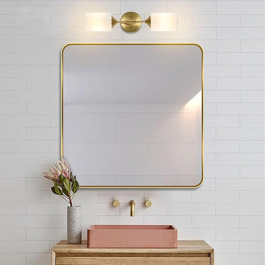 BYOLIIMA 2-Lights Gold Wall Sconce with White Cylinder Glass Shades Modern Mid Century Bathroom Vanity Wall Light Fixtures Industrial Brushed Brass Wall Lamp for Bedroom Mirror Living Room Restaurant