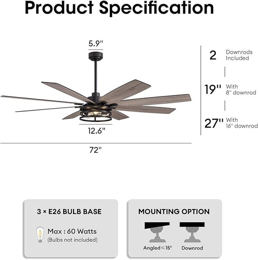 LuminFan 72 inch Large Ceiling Fans with Lights and Remote, Black Modern Ceiling Fan for Living Room, Patios, 6 Speed Reversible Quiet DC Motor, 8 Blades, Easy to Install